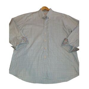 alan flusser BLUE plaid button down shirt paisley cuffs XL